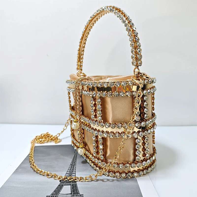 JIOMAY Women Ladies Evening Wedding Purse Rhie Clutch Designer Handbag Metal Bucket Tote Bag