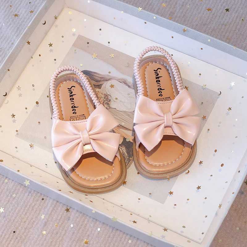 Summer girls sandals big bow pink beige Pu leather holiday childrens slider elastic band open casual comfortable childrens shoesT250315