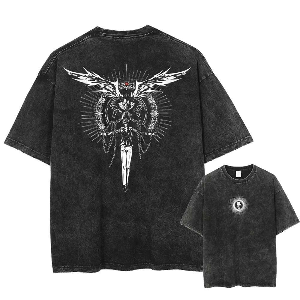 Men Haruku Black Washed T-Shirt Hip Hop Streetwear Japan Anime Graphic Cotton Casual Tshirt Summer Short Sleeve Tops T Shirt