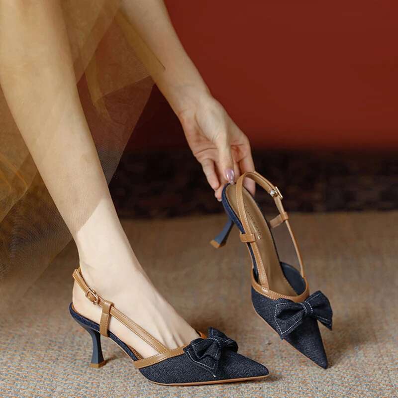 Denim Blue Summer High Heel Women's Sandals Fashion Butterfly-Knot Mules For Ladies Party Dress Shoes
