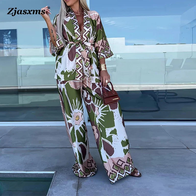 Fashion Casual Bohemia Print Loose Beach Set Spring Wide Leg Long Pants Suits Autumn Women QuarterSleeved Cardigan Shirt Outfit 250313