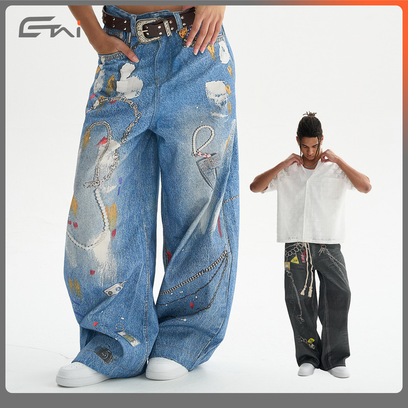 ETAI Men's Wear | Trendy Luxury 3D Printed Loose Jeans High Quality Denim Bent Knife Pants For Men