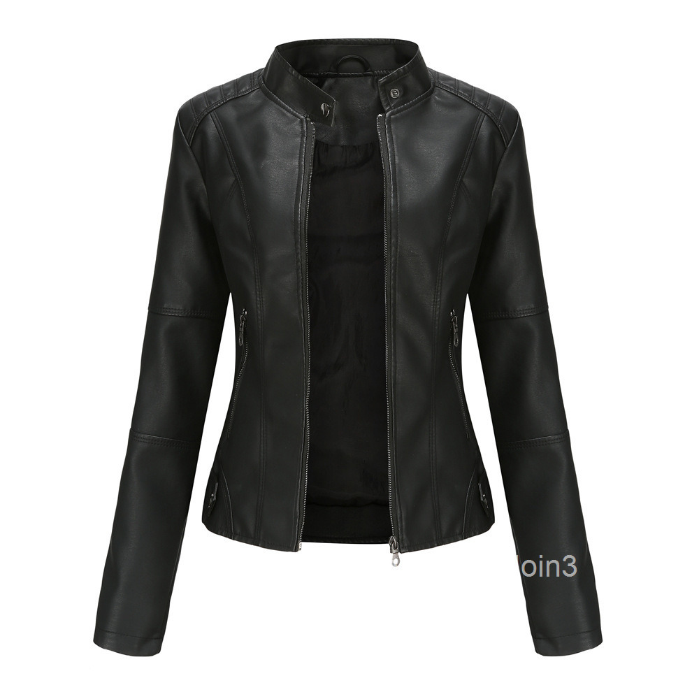 Fashion European Womens Leather Suit Slim Jacket Thin Spring and Autumn Coat Womens Motorcycle Suit Large Stand Collar Leather Jacket
