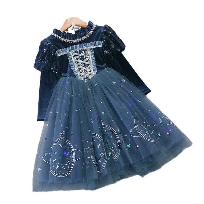 Girl's Dresses New Spring and Autumn Long sleeved Elsa Princess Dress Children's Dress Gold Velvet Girls' Dress Little Girl Performance