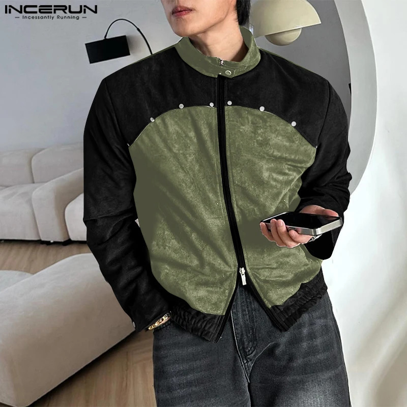 INCERUN Mens Colorblock Simple Jackets Casual Hammer n Coats Stand Collar Harajuku Long Sleeve Waistcoat 250313