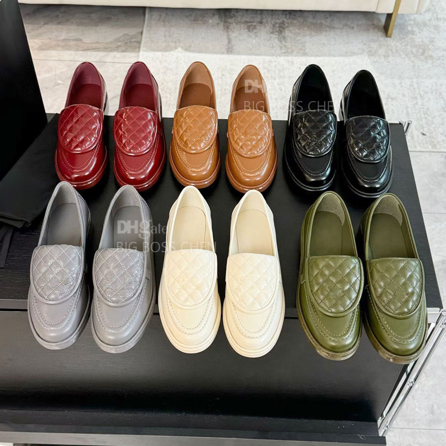 Top quality Classic leather round toes flat Platform loafers casual slip on Flat heel Dress shoes Luxury designer loafers womens office shoes Black white apricot