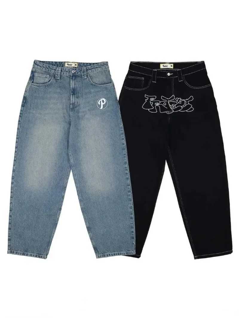 Protect Streetwear Jeans Y2K Mens Pants Harajuku Hip Hop Alphabet Embroidery Retro Blue Pocket Jeans High Waist Wide Legs TrouserT250319