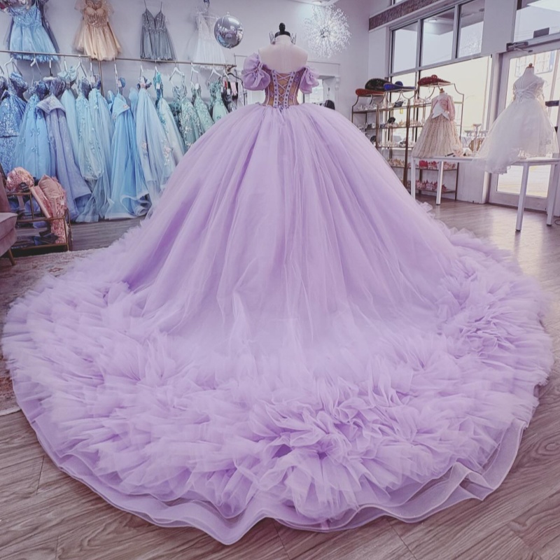 Light Lilac Off Shoulder Quinceanera Dresses Applique Lace Beads Tull Tiered Corset Party Birthday Sweet 16 Dress Vestidos 15 de anos