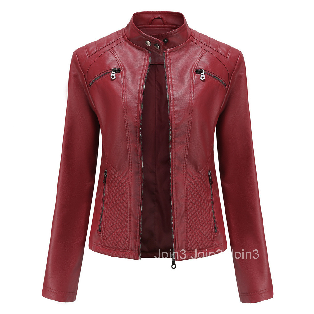 Fashion New Womens Casual Leather Jacket Stand Collar Jacket Slim Jacket Womens Spring and Autumn Solid Color Womens Leather Jacket