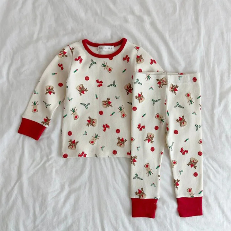 Spring Baby Clothing Christmas Pajamas Baby Deer Printed Bottom Shirt Pants 2PCS Set Preschool Year Pajamas Set 250314