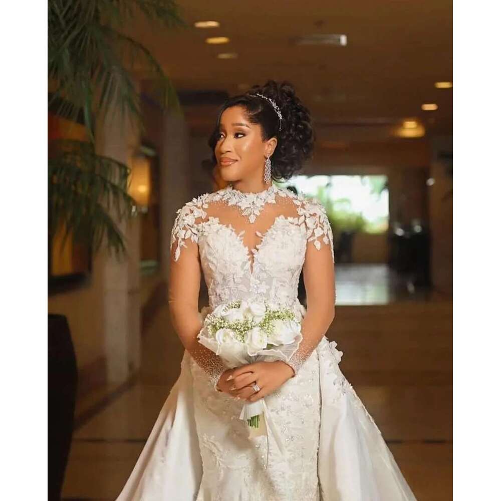 Custom high neck appliques beads mermaid full sleeves african arab wedding dress with removable
