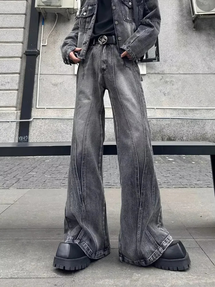 Trashy Y2K Streetwear Washed Grey Baggy Stacked Flare Jeans Pants Men 90S Vintage Clothes Hip Hop Mens Long Trousers 250310
