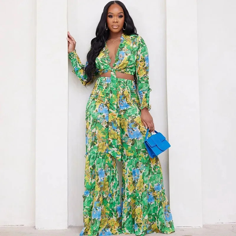 Flower print 2piece set for womens elegant lace top loose wide leg pants holiday Bohemian pairing 250313