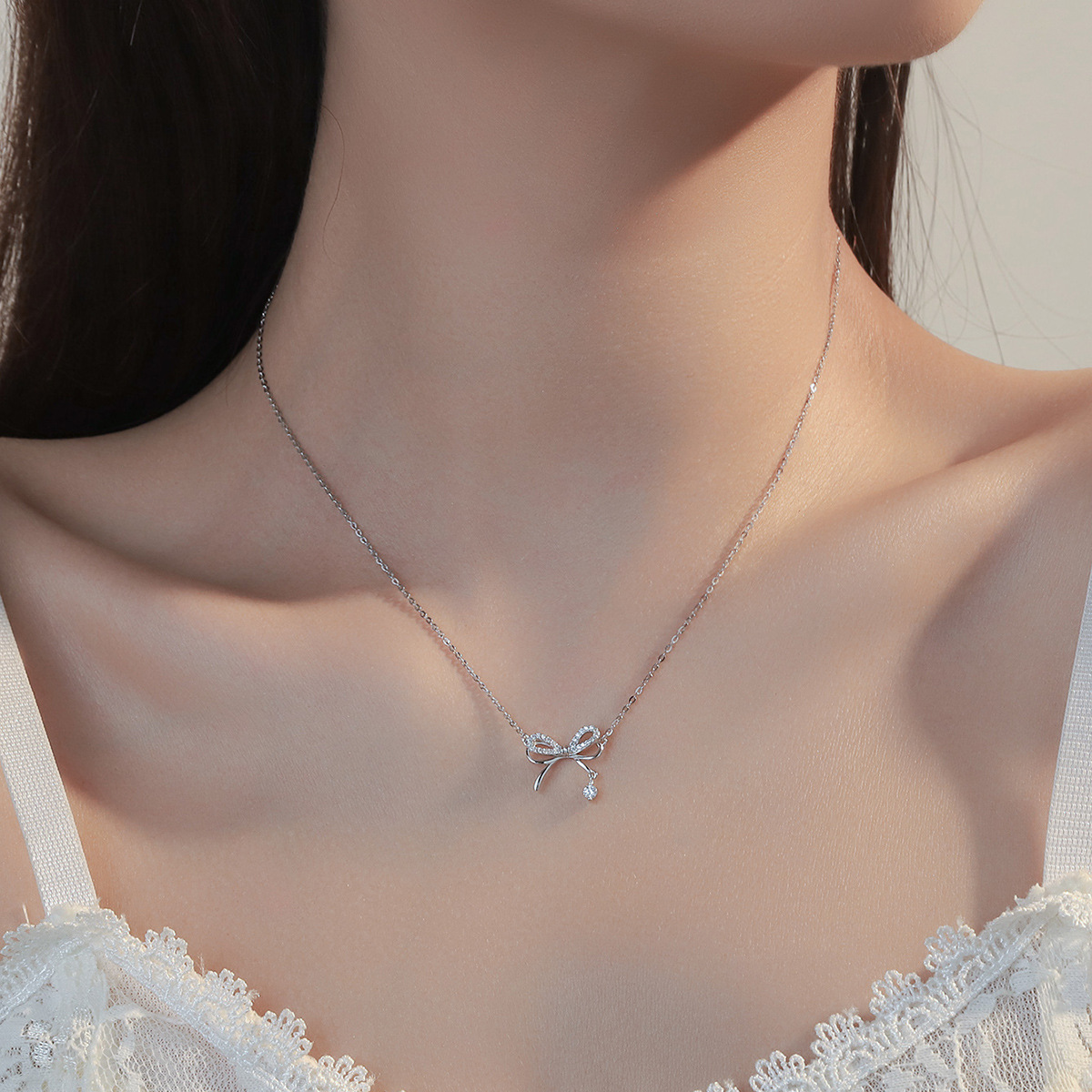 S925 Silver Necklace Female Korean Version Sterling Silver Plated Double Bow Sweet Fashion Diamond-encrusted Necklace Temperament Clavicle Chain