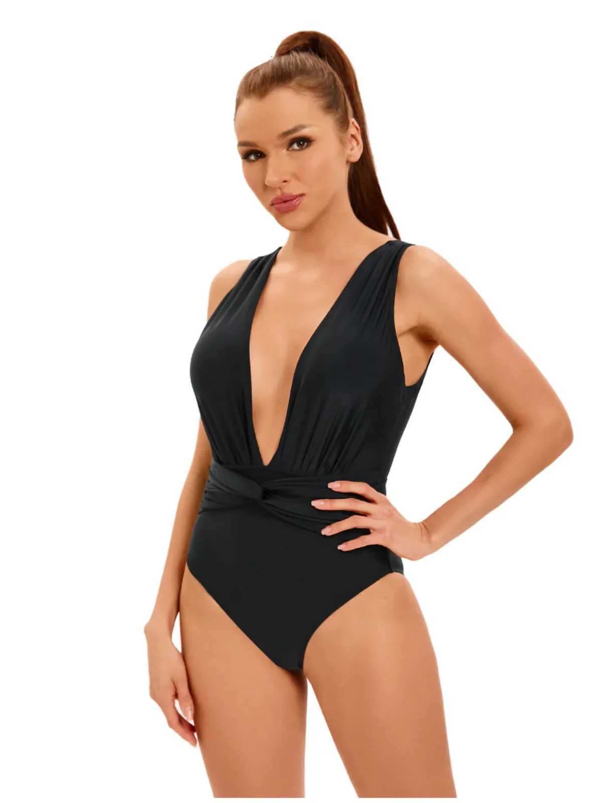 2025 black one-piece swimsuit womens V-neck hollow bikini sexy Hiah Waist swimsuit Monokini beach wear summer new itemXJ250315