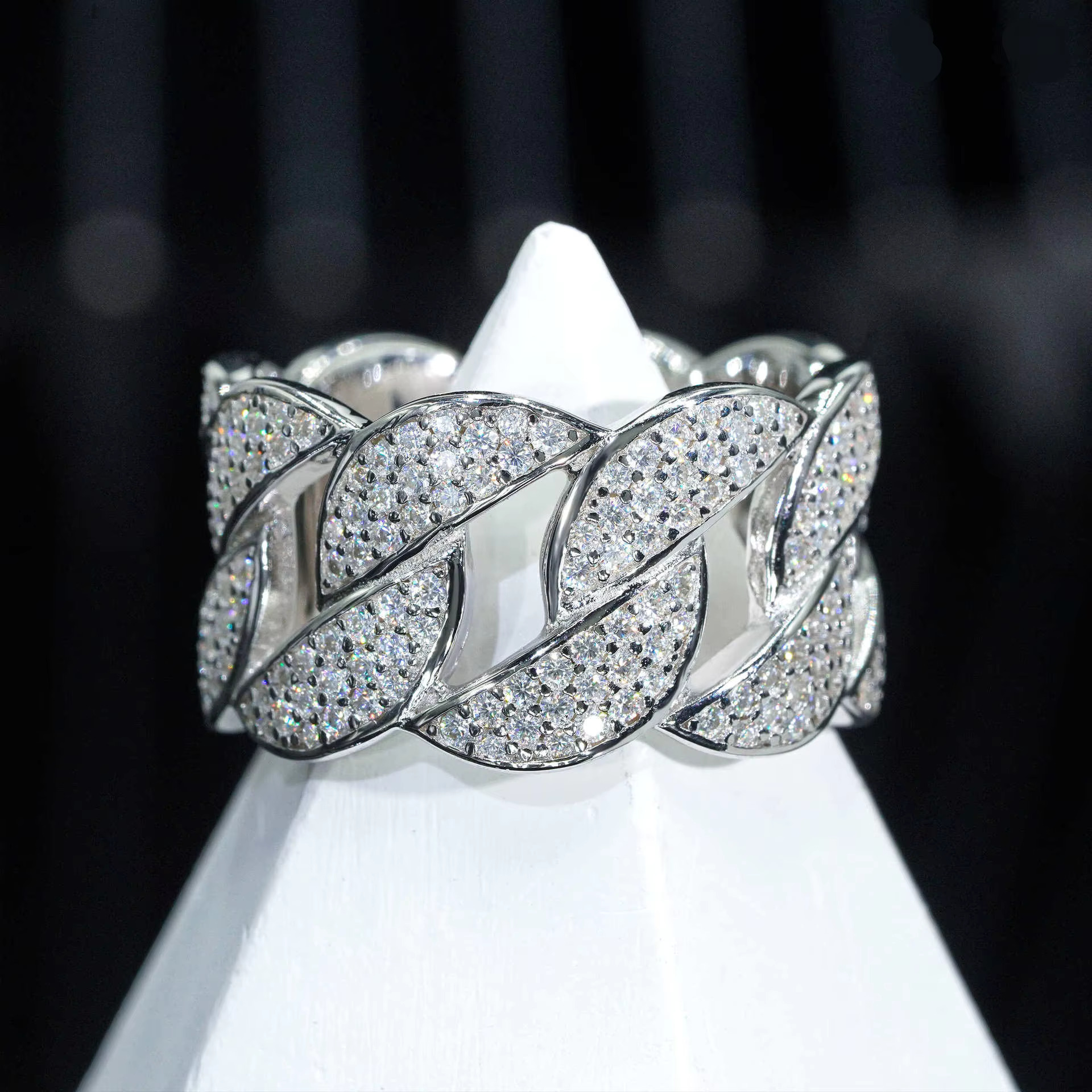 Thick S925 Silver MOISSANITE 3-ROW CUBAN LINK RING Pave DEF Color VVS Moissan Chain Band Fine Jewelry for Men Women Lovers Gift