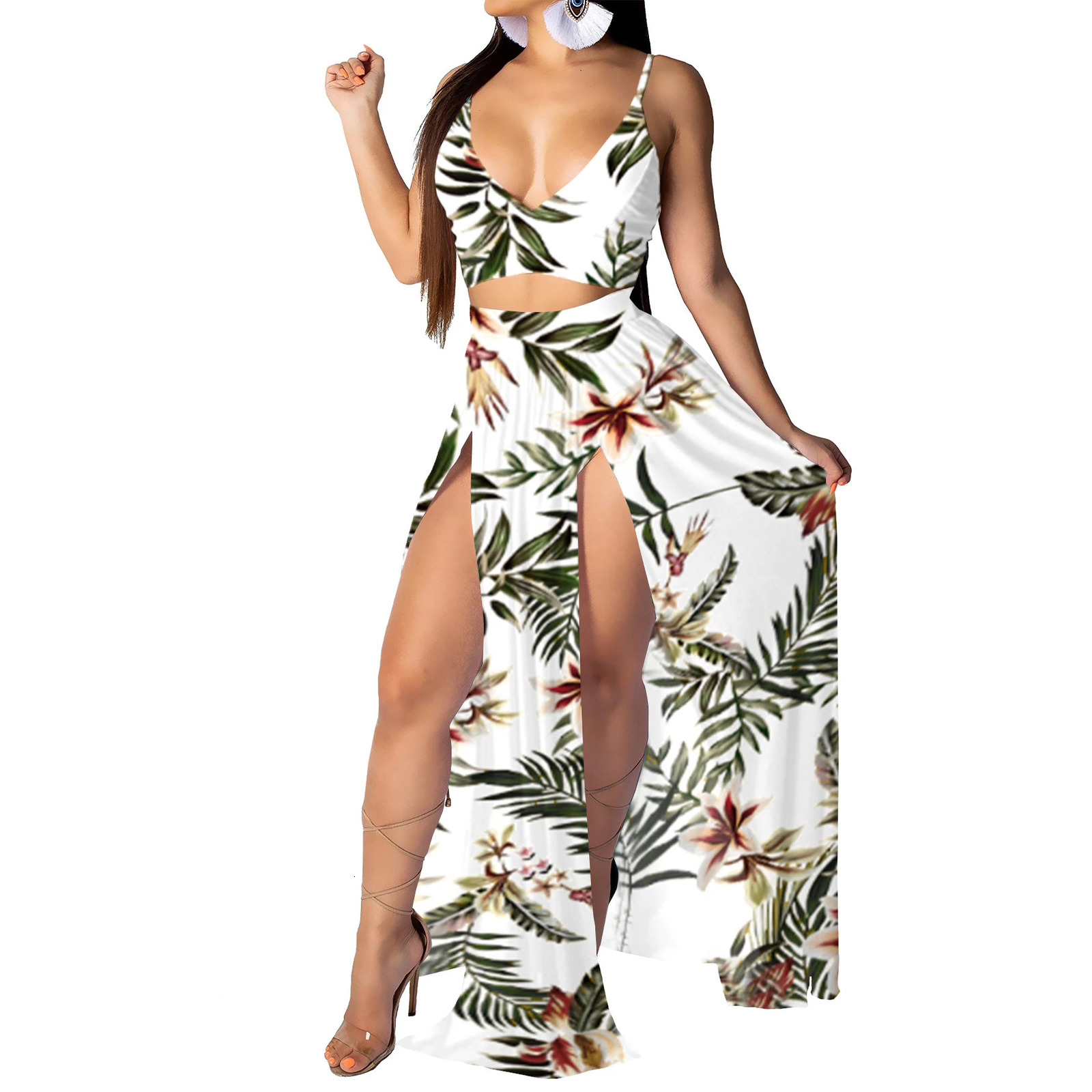 Womens Bohemian floral print Vneck twopiece top and split beach party dress 250312