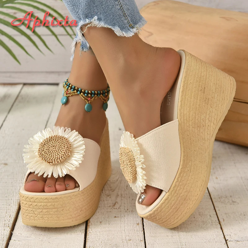 Aphixta Beige Summer 9cm Wedge Heels Slippers Women Bohemian Sunflower Mulers 4cm Platform Sandals Clog Shoe Slides Plus Size 43 250314