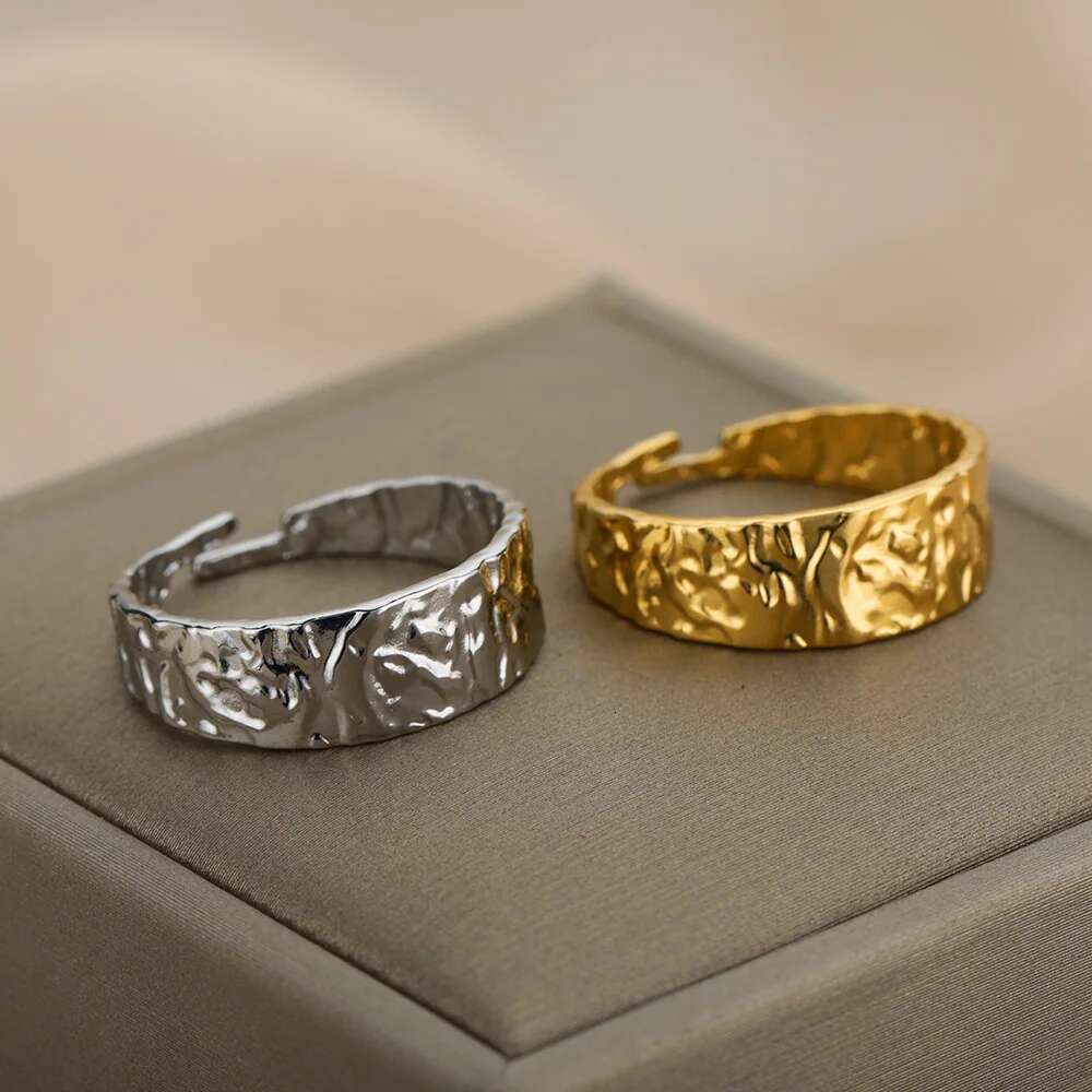 Retro Wide Textured Rings for Women Open Adjustable Stainless Steel Gold Color Ring Gothic Punk Hip Hop Jewelry anillos mujer