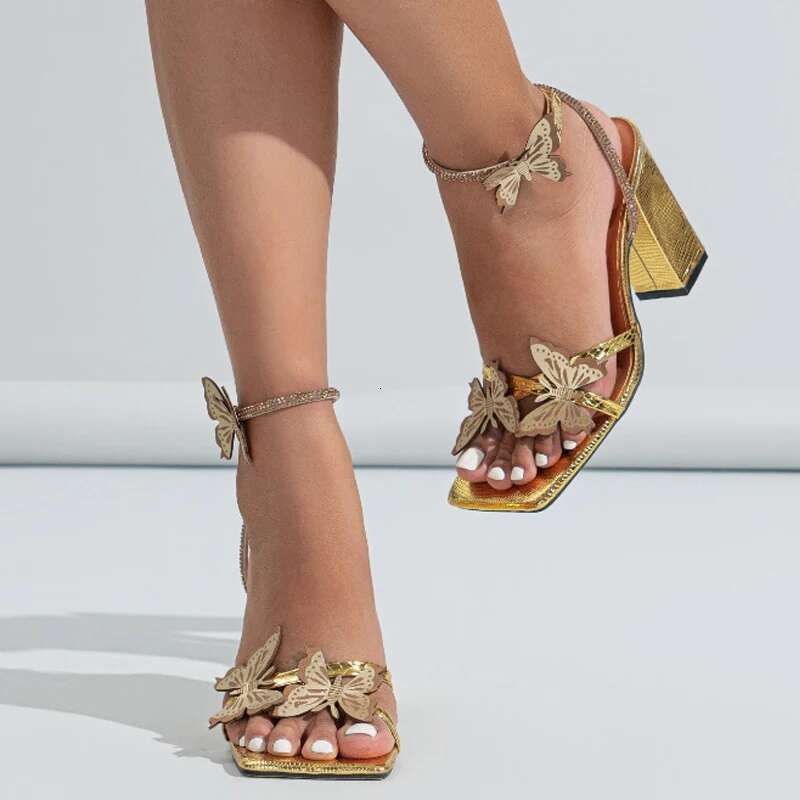 Sexy Women Heeled Sandals Butterfly Decoration Rhie Square Toe Buckle Cross Strap Thick High Heels Nightclub Wedding Shoe