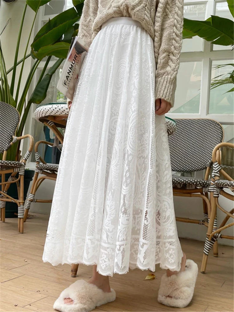 Realeft Retro Womens Lace Crochet Umbrella Long Leather Bohemian High Waist Hollow Skirt SpringSummer 250310