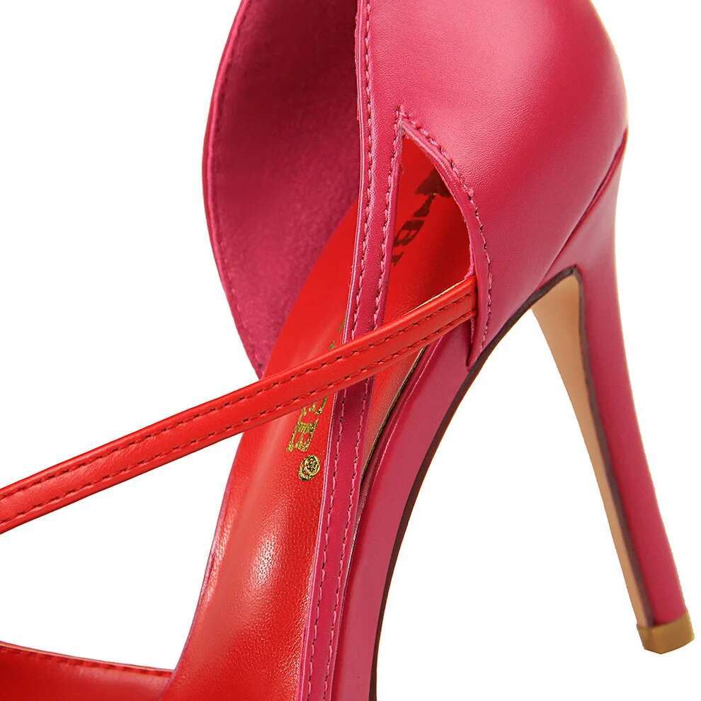 New Summer Women 9.5Cm High Sandals Nightclub Stripper Heels Sexy Patchwork Sandles Party Ankle Strap Yellow Pink Shoes
