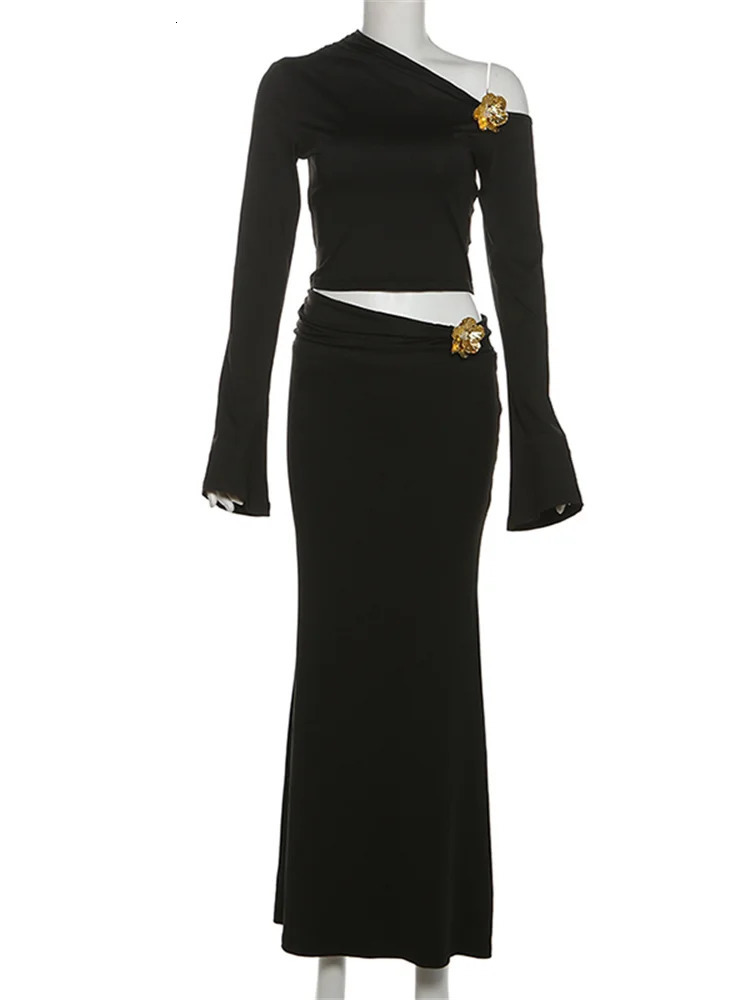 Nibber Metallic Flowers 2piece elegant womens skeleton collar full cut topirregular long skiing competition club uniform 250312