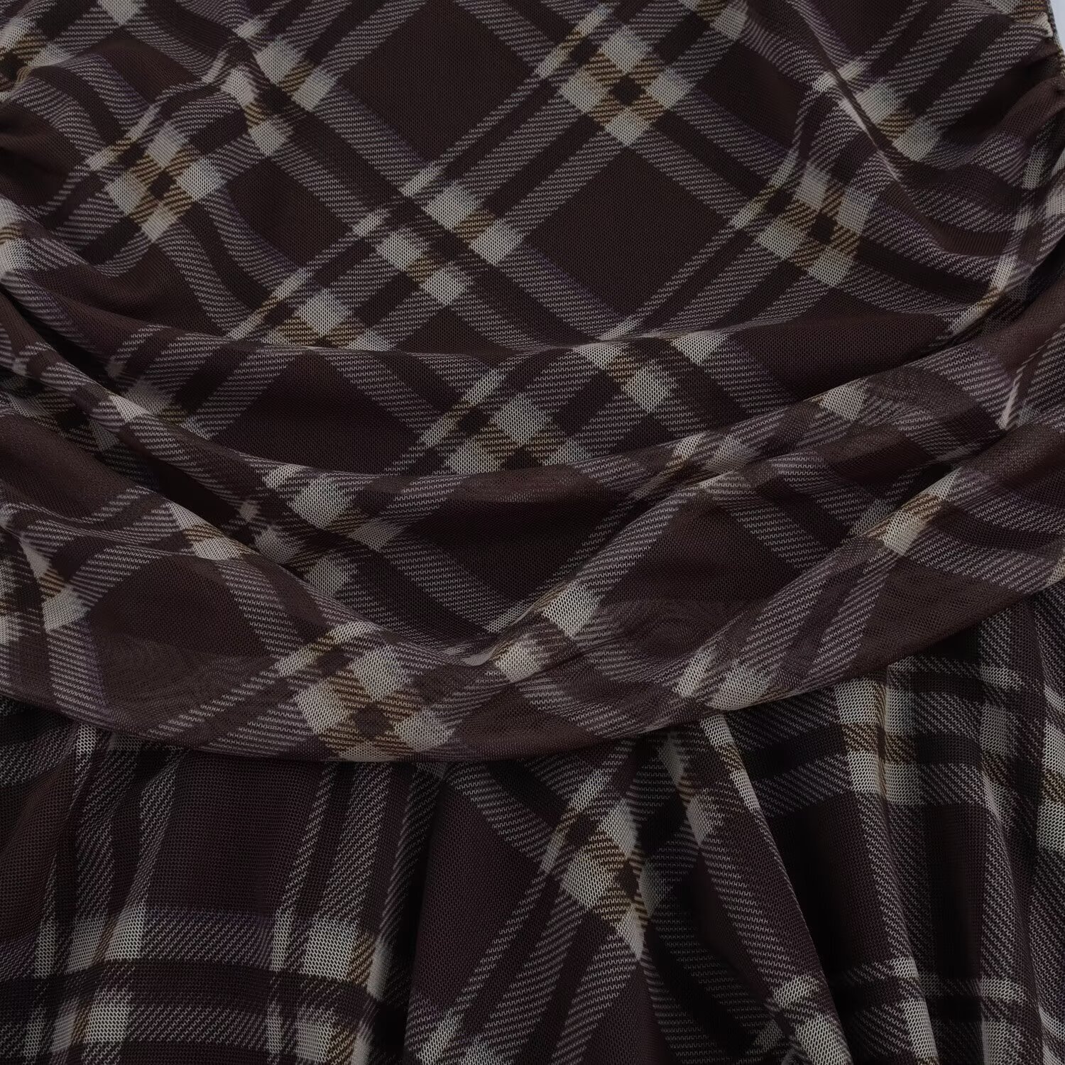 2025 Spring New Product Style Fashion Versatile Checkered Folded Silk Mesh Dress Irregular Long Sleeve Short Skirt For Women