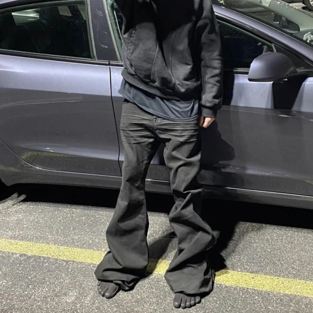 Black Vintage Jeans Flare Pants Mens RO Style Wide Leg Harajuku Solid Streetwear Y2K Baggy Casual Denim Trousers Oversized 250310