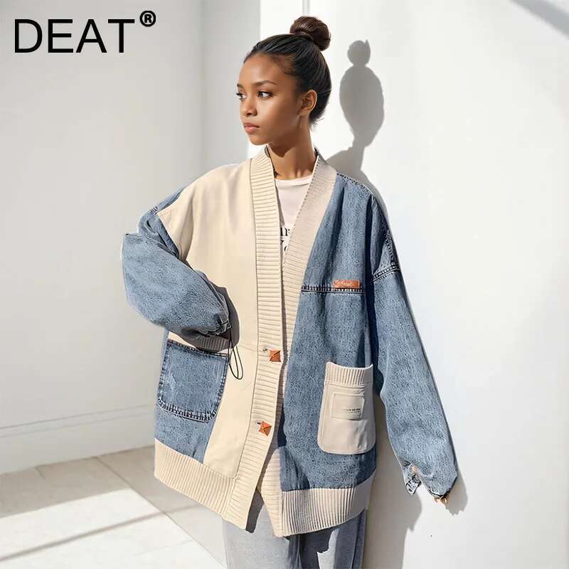Fashion Loose Causal Versatile Coats For Women Patchwork Denim V-Neck Knitted Cardigan Female 2024 Winter 33A2212