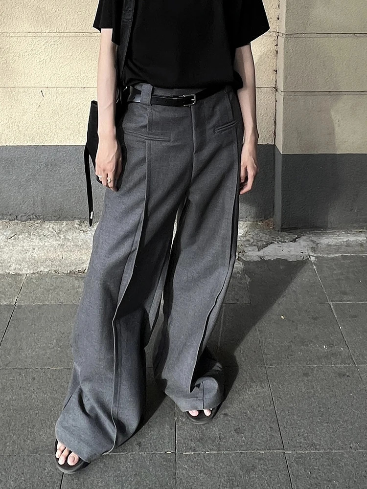 Reddachic mens pleated front gray suit pants high waist casual solid plain weave wide leg straight office womens formal clothing 250313