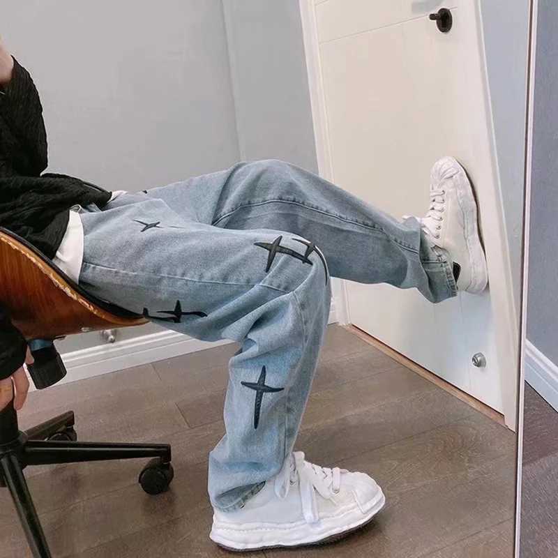 Mens Fashion Cool Style 2024 Blue Denim Pants Pocket Wide Leg Street Clothing Mens Cross Star Stickers Embroidered Design Jeans MensT250319