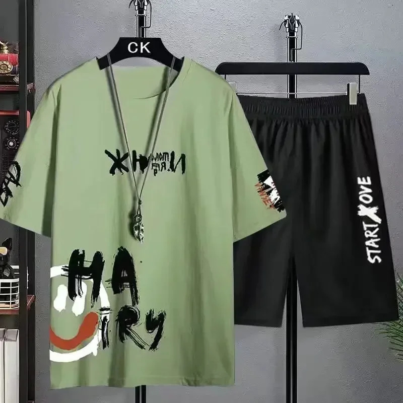 Set for Men T shirt Mens Summer Leisure Suit Trend Printing Short Sleeve T-shirt Plus Size Shorts Outdoor Two-piece Suit 250310