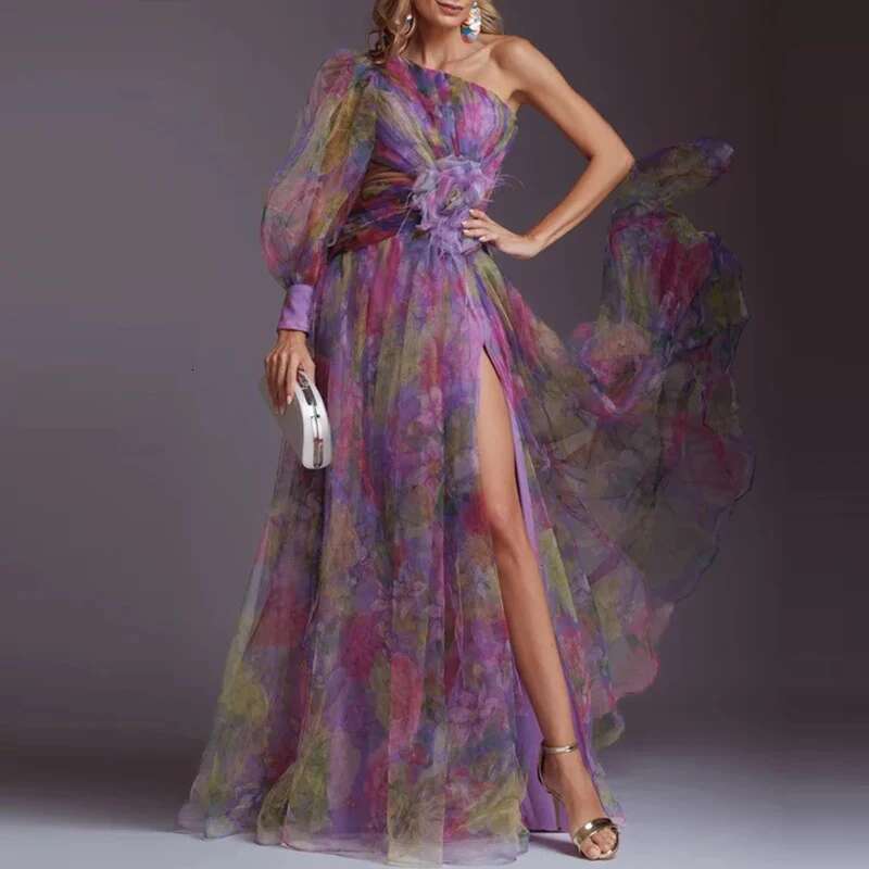 Women Elegant Split Hollow Party Fashion Contrast Print Mesh Maxi Sexy One Shoulder Sleeve Irregular Long Dress