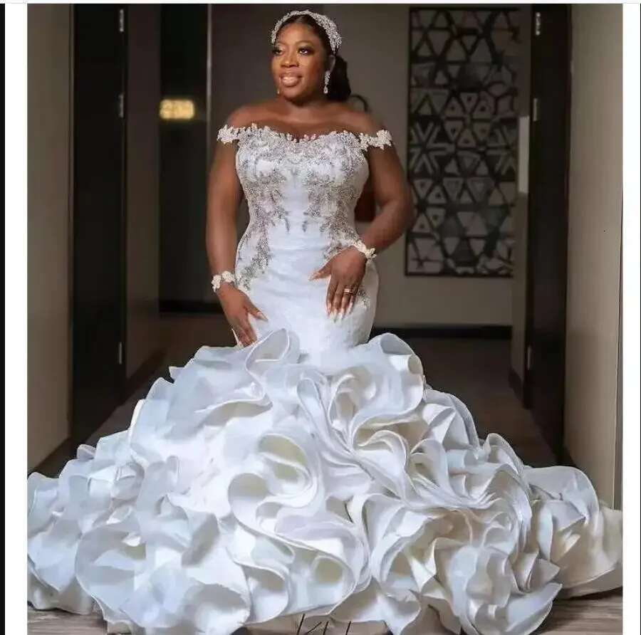 2025 Custom Beaded Crystal Mermaid Off Shoulder Layered Ruffled Dresses Robe de Wedding dress