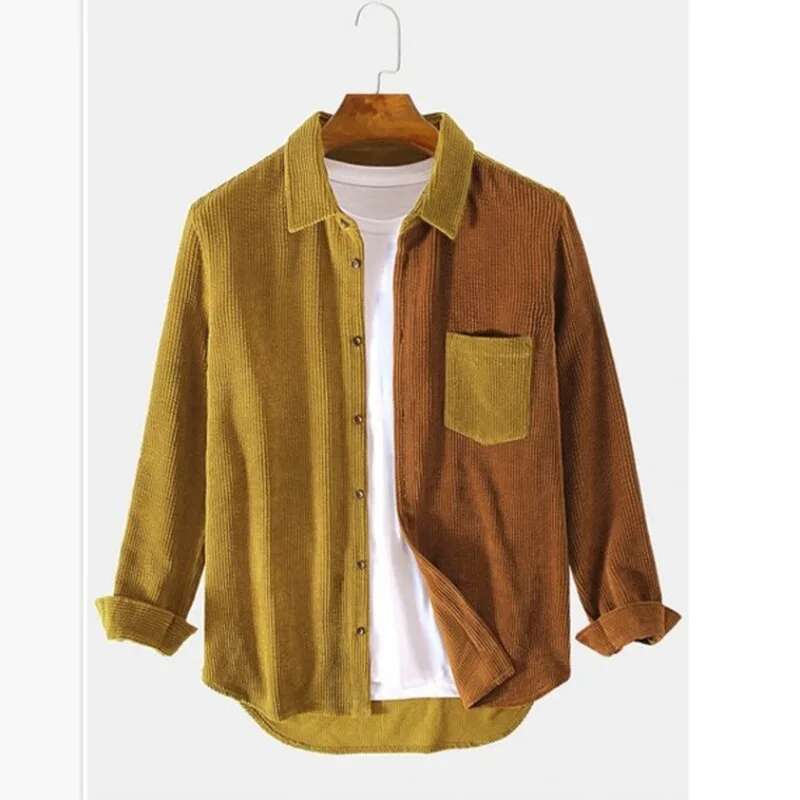2024 Spring Autumn New Fashion Polo Collar Long Sleeved Men's Clothing Corduroy Casual Versatile Patchwork Male Clothes Shirts