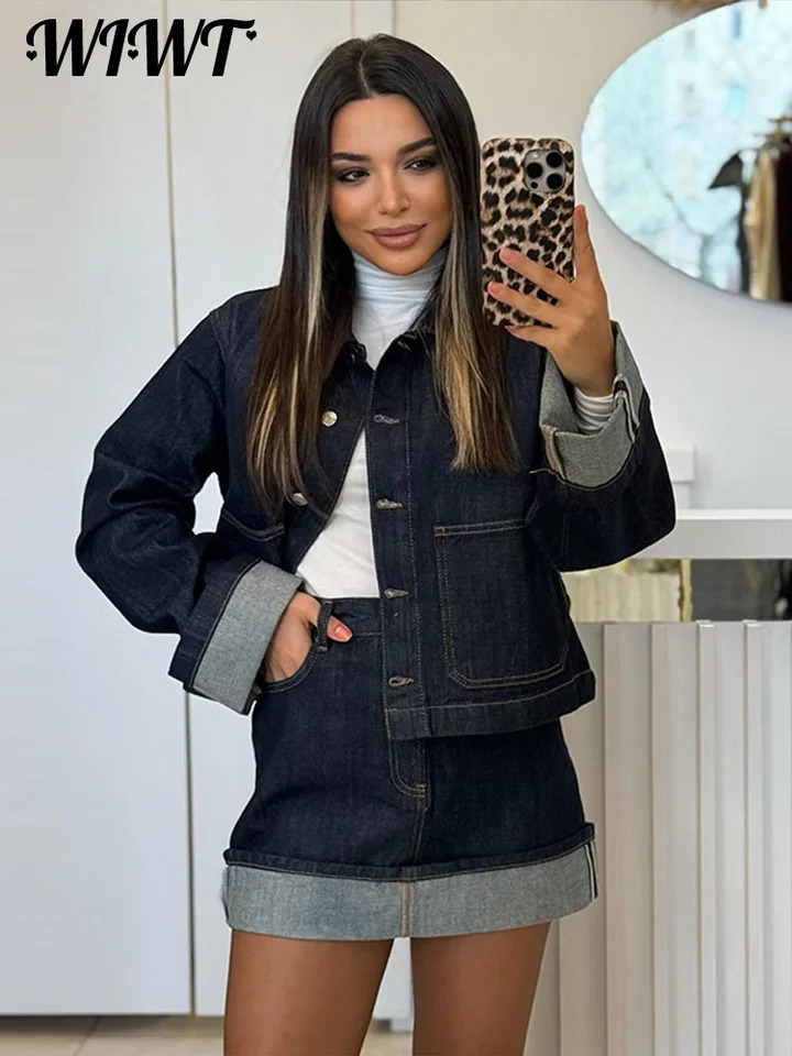 Street Denim Jacket Skirts Set Women Casual Lapel Single Breasted Long Sleeve Jackets Aline Mini Skirt Lady Outfits 250312