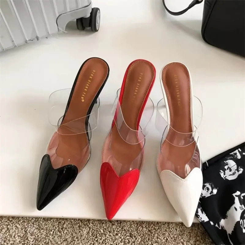 Women Mules Pointed Toe Patchwork Hearts Patent Leather Elegant Thin High Heel Slip On Lady Pumps 250314