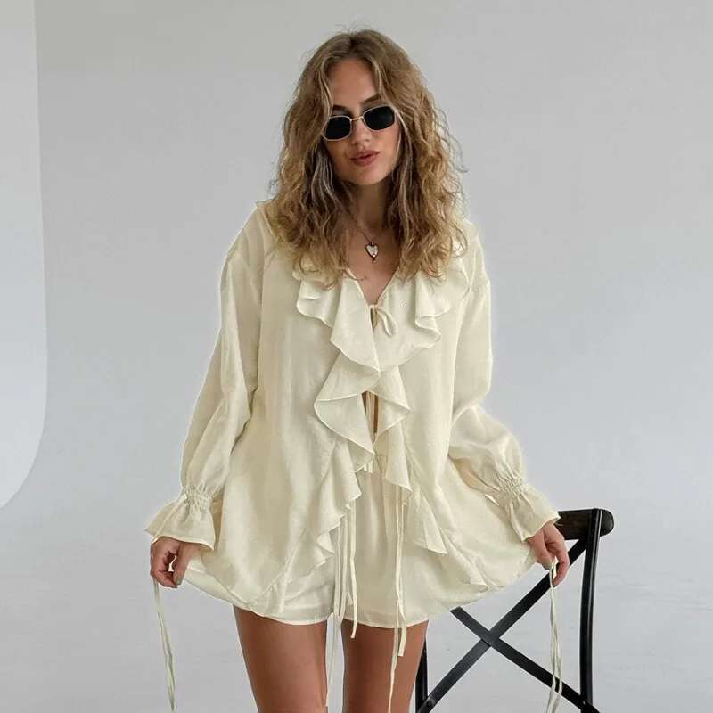 Tuularose New Casual Two-Piece Women's Ruffled Loose Tie Top Simple Office Lady Summer Female Shorts Set