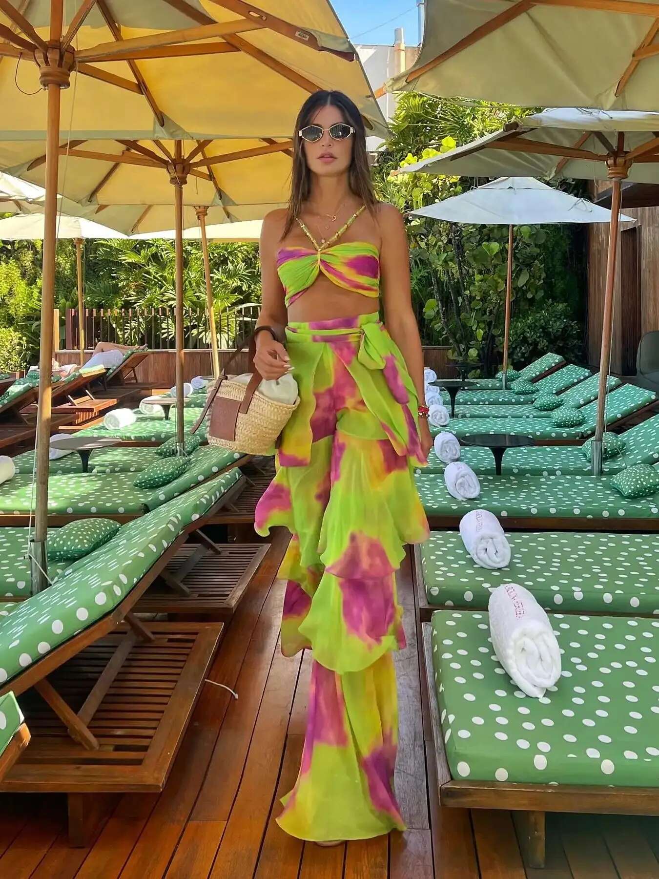 Sexy Print 3 Pics Women Bikini Set With Pleated Bra High Waist Hollow Out Wide Leg Pants Suit Summer Beach Swimsuit