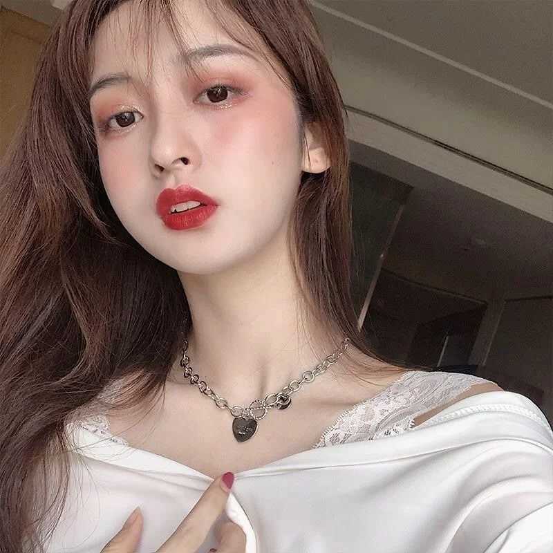 Other Heart Necklace Collar For Women Punk Stainless Steel Chain Hip Hop Fashion Simple Letter Chokers Statement Goth Jewelry S25315