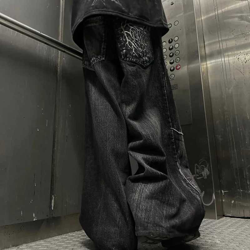 Gothic retro oversized pocket set unisex mop pants Y2K phantom jeans high street spider embroidery patch hip-hop streetwearT250319