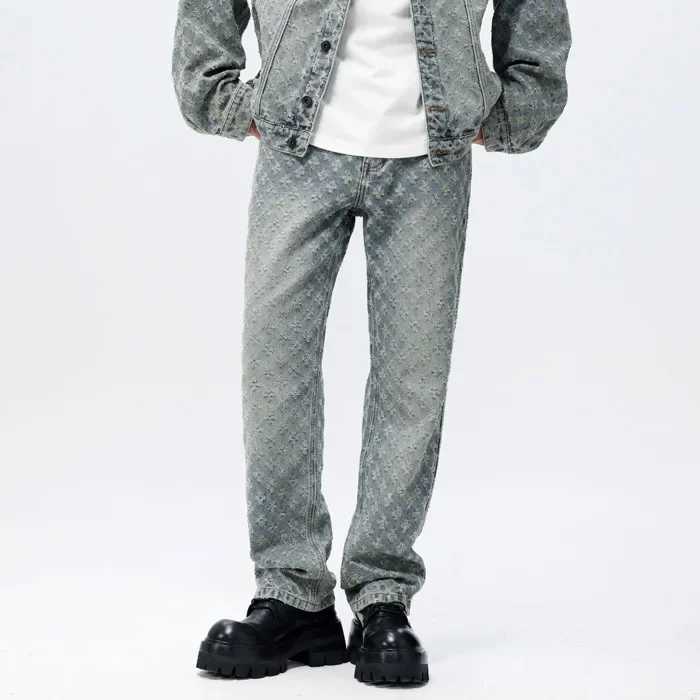American style retro street floral print mens loose straight leg fashion brand retro mens jeansT250319