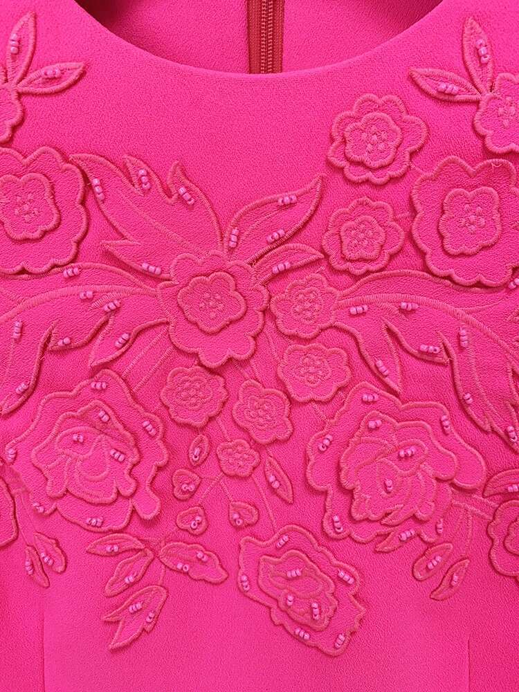HIGH STREET Newest 2024 Designer Fashion Runway Women's Short Sleeve Stunning Embroidery Beaded Dress Hot Pink