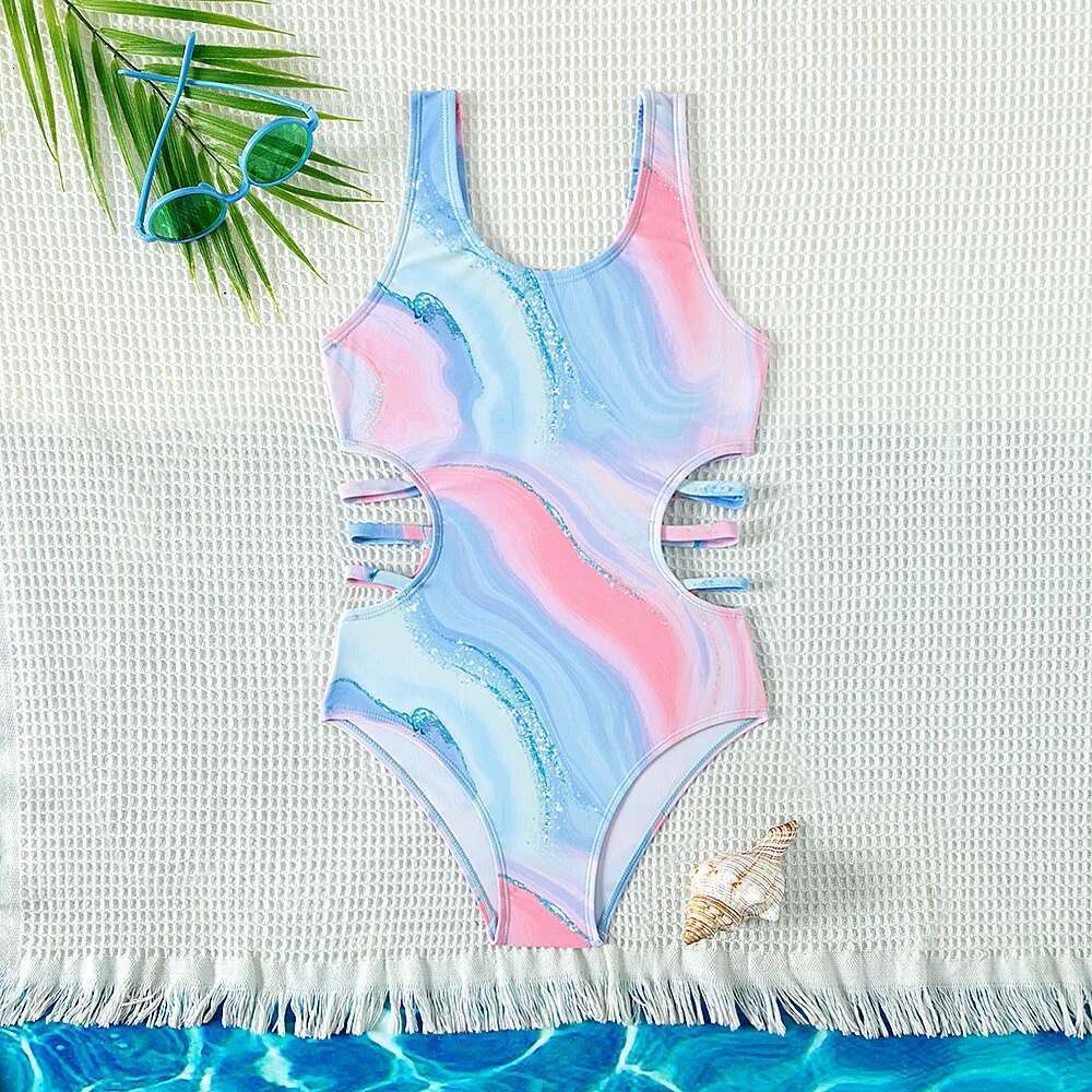 Children's printed one-piece swimsuit, new design, youth, blue swimsuit, swimsuit for ages 5 to 15