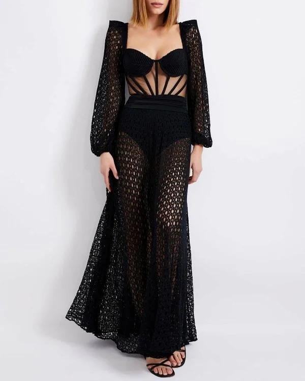 Womens mesh knitted skiing swimsuit set with long sleeved n for beach wear vacation suit sexy jacket 250313