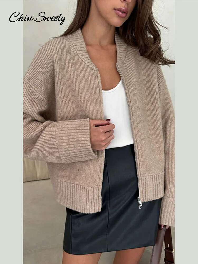 Vintage Knit Zipper Cardigan For Women Solid Loose O Neck Long Sleeve Sweater Top Female Fall Winter All-Matching Knitwear
