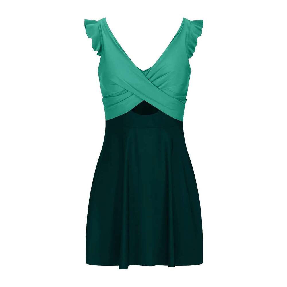 Women's Tankini swimsuit, one-piece, pleated cross skirt, V-neck, control, cut, high waist, sexy, two-piece design