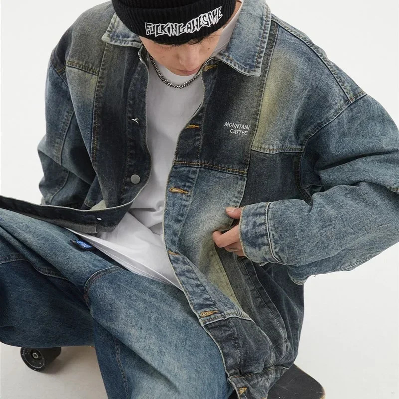mens retro letter ed denim jacket street fashion patch work Y2K aesthetic loose jeans 250312