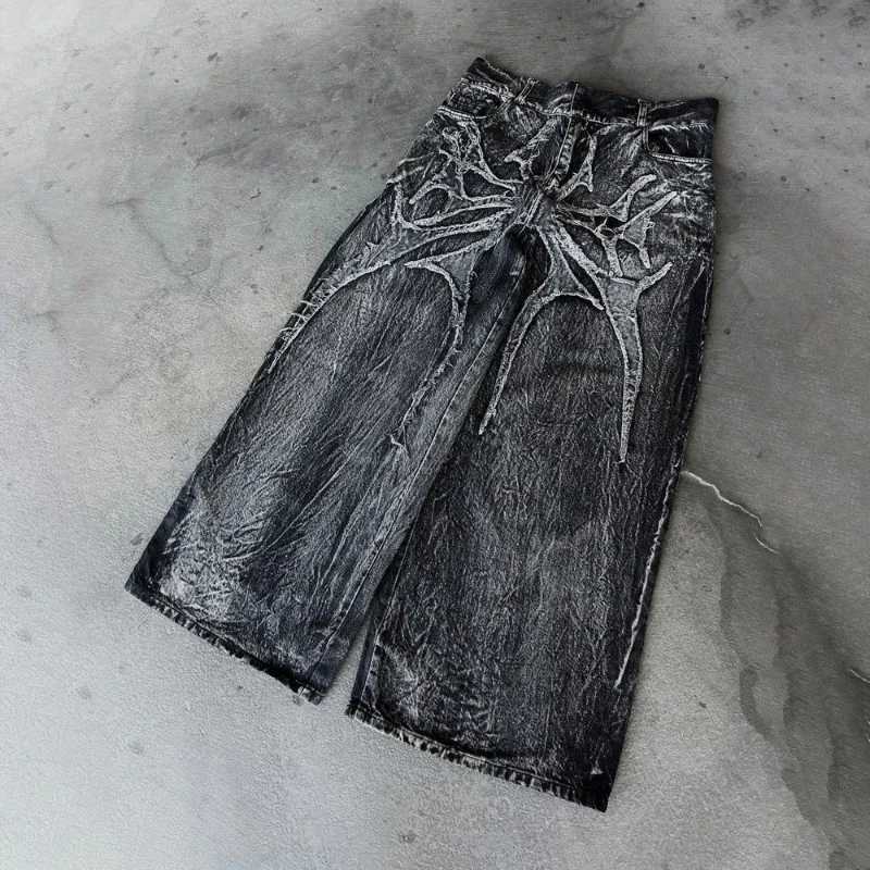 Gothic retro oversized pocket set unisex mop pants Y2K phantom jeans high street spider embroidery patch hip-hop streetwearT250319